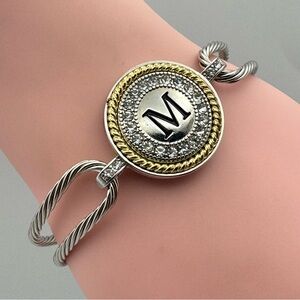 Silver Tone Twisted Cable Cuff Bracelet Initial “M” Crystal Accent
